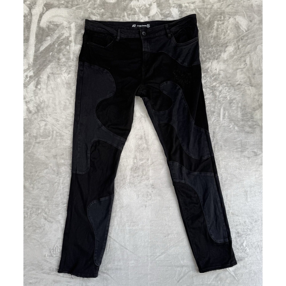 Crysp Denim Moto Biker Jeans‎ Black Panel Patch Slim Stacked Streetwear Mens 42